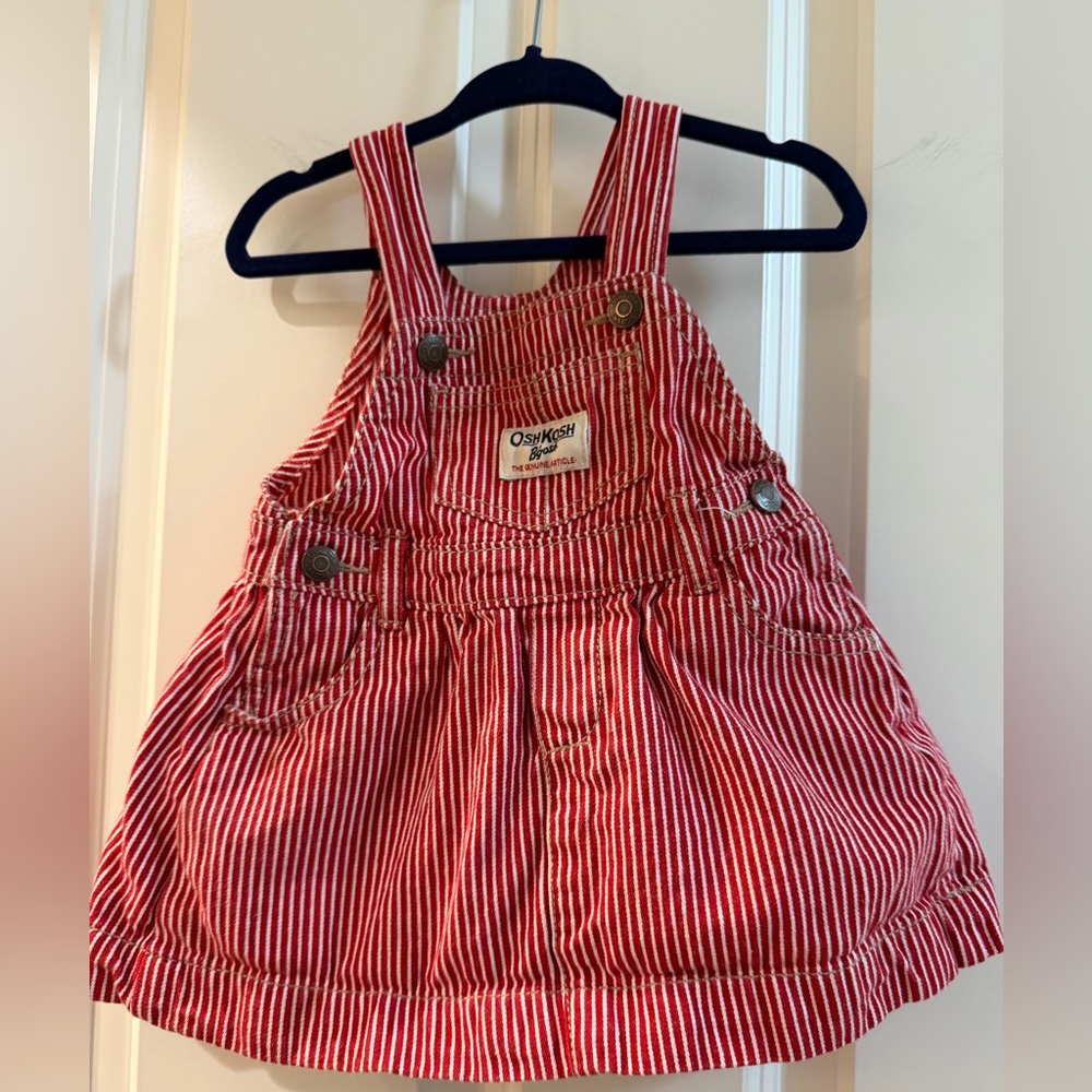 Osh Kosh B gosh red and white striped overall dress, size 12 months.